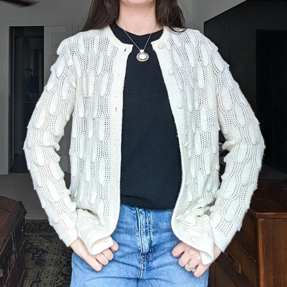 Vintage Cream Colored Bobble Knit Wintuk Cardigan Sweater - Picture 1 of 4